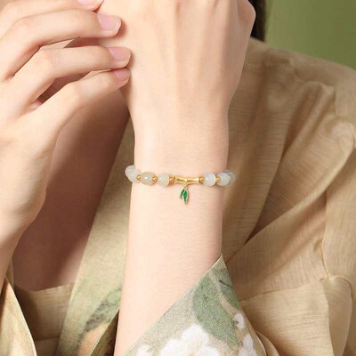 Natural Hetian Jade Beaded Bamboo Leaf Brlet Womens Winter