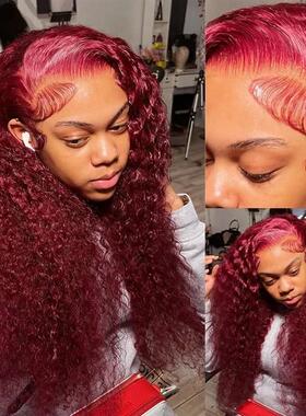13x4 13x6 Deep Curly Lace Frontal Wig Transparent 99J Burgun