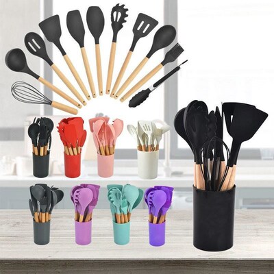 Wooden handle silicone kitchen 12-piece cooking spatula set