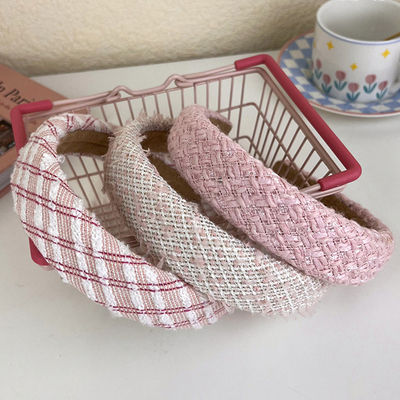 Summer Pink Check Hair Hoop High Cranial Top Headband Wide C