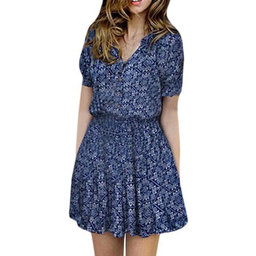 Womens Dresses Boho Floral Print  V-neck Puff Sleeve A-Line