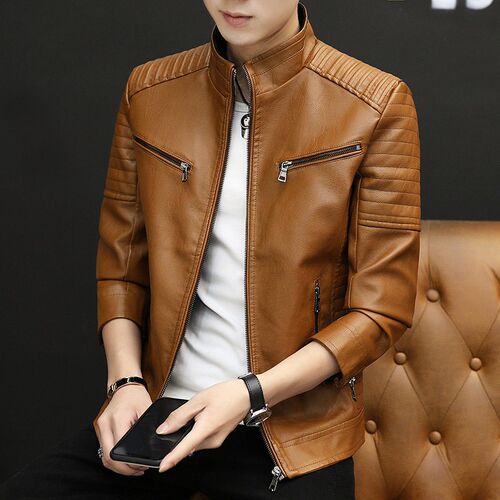 2022 Men  New Style Chest Two Zipper Wrinkle Leather Coat Yo