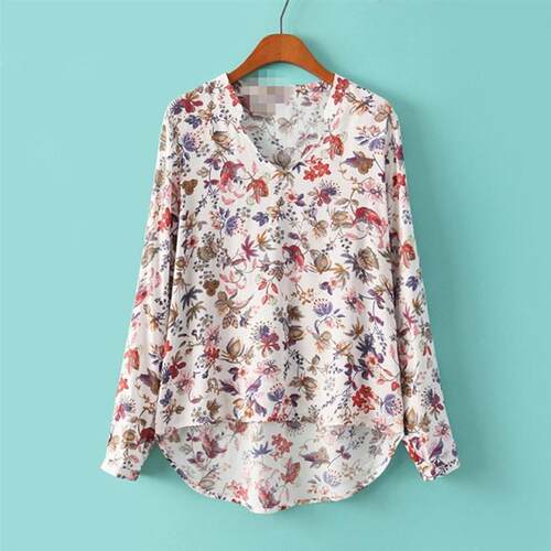 Women Autumn Retro Soft Cotton V Neck Long Sleeve Shirt Flor
