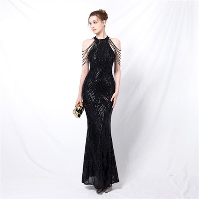 18126# Banquet Elegant Long Neck Sequins Socialite Leng Yan