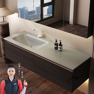 岩板热弯一体盆浴室柜中古风卫生间洗漱台洗手池洗脸盆柜组合定制