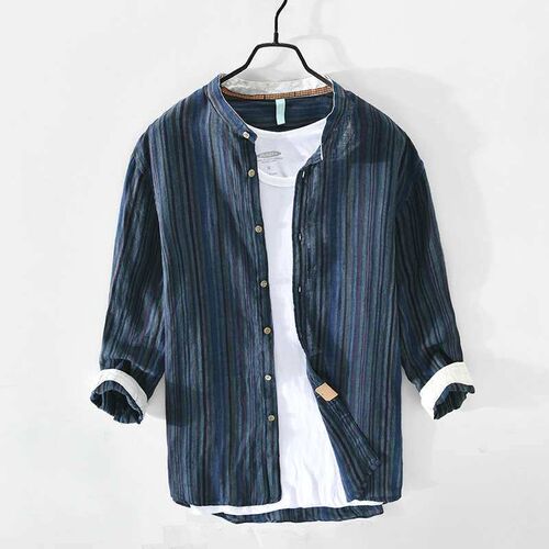 Z805 Spring and Summer New Mens Casual Linen Striped Shirt
