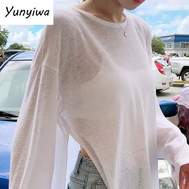 Summer Tshirt Women Beach Thin See Through Oversize Tees Kor图片