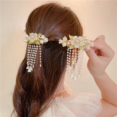 Flower Fringe Hair Clips Chinese Hanfu Hair Accessories Vint