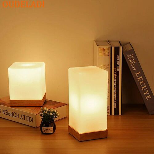 Modern bedroom table lamp solid wood glass night light warm