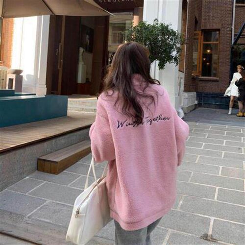 Winter Letter Pink Zippercoat Lamb Wool Keep Warm Mid-length