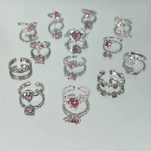 YK Pink Rhinestone Heart Pearl Irregular Punk Finger Rings
