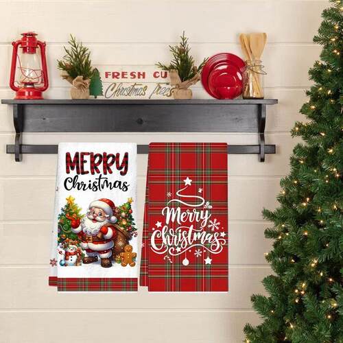 2pcs Christmas Kitchen Towels Buffalo Plaid Xmas Hand Towels