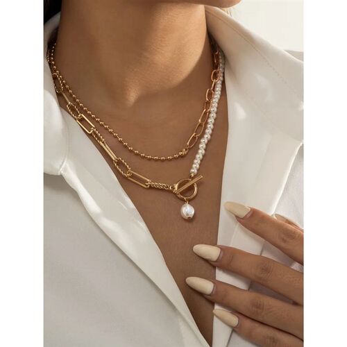 Multi-Layer White Imitation Pearl Necklace Bead Chain Punk L