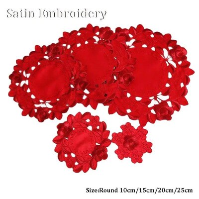 NEW red flower embroidery table place mat cloth tea coaster