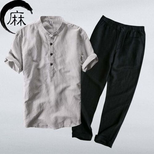 -Summer new linen ice silk suit mens youth short-sleeved t-