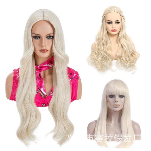Blonde wig head set personality shaggy short curly hair midd