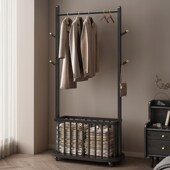 全实木衣架落地卧室客厅可移动家用脏衣篓一体挂衣架多功能置衣架