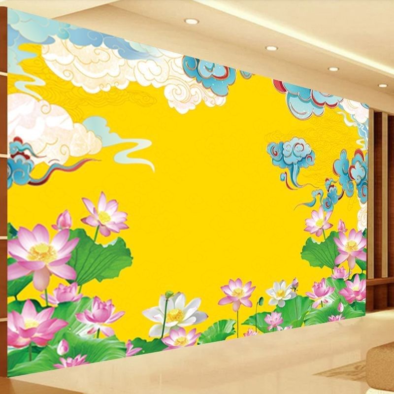 七彩祥云荷花仙道佛神台装饰壁画壁纸佛堂莲花祥云背景墙纸画壁布