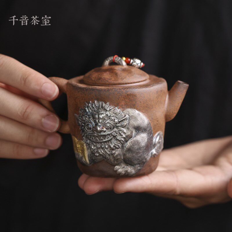 【灰念老岩泥戏狮壶】功夫茶具泡茶壶复古手工茶壶鎏银单个泡茶器