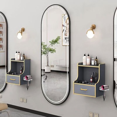 理发店镜台发廊专用染烫台面单面led暖光美发店镜子壁挂柜子一体