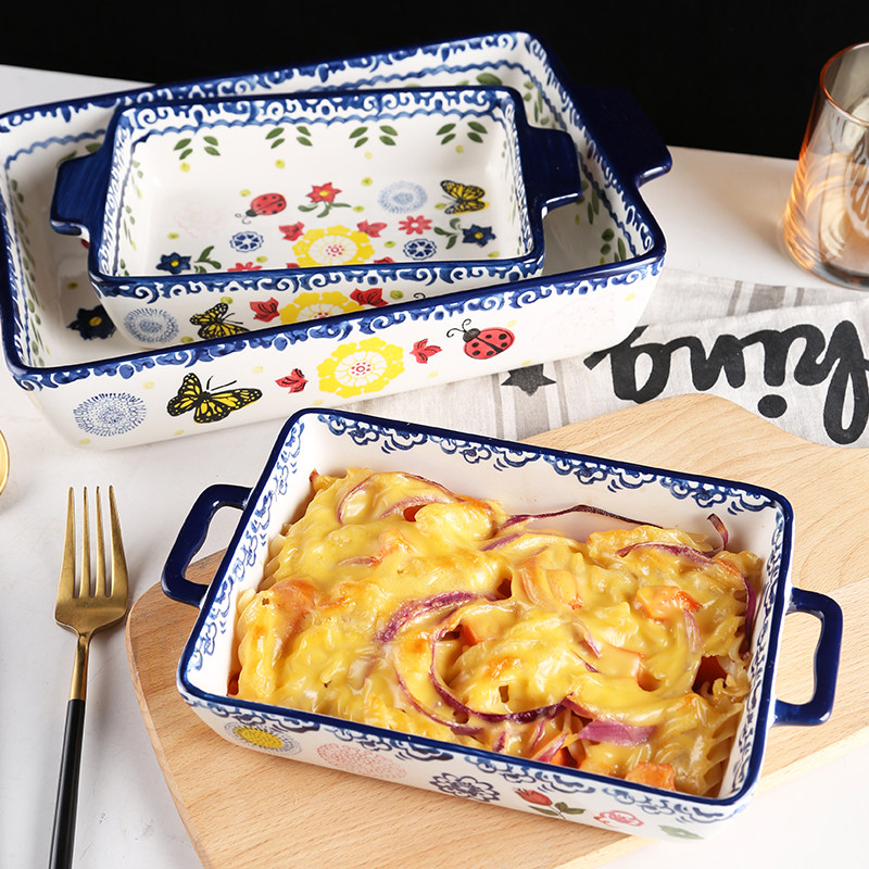 华孚家 长方形双耳芝士焗饭盘出口原单陶瓷烤盘烘焙烤箱家用餐具