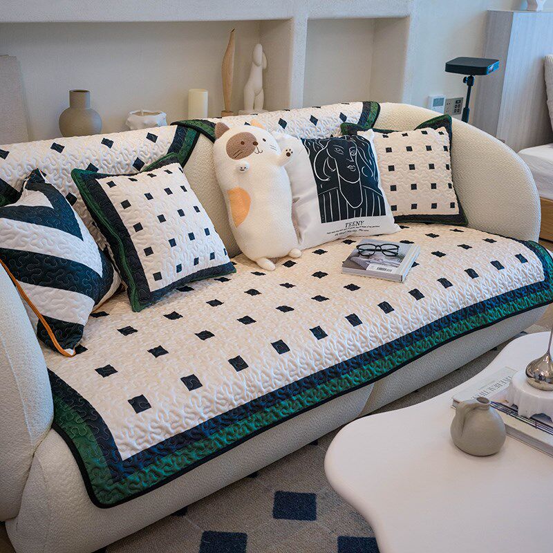 复古几何格子阵列沙发垫小清新高级感沙发坐垫防滑沙发套罩盖巾垫