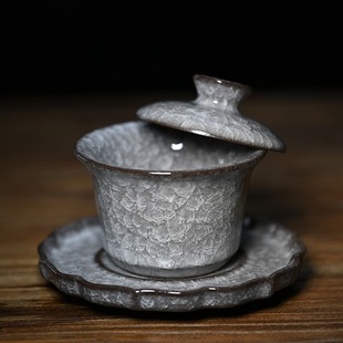 悬停三才盖碗大号铁胎黑冰裂纹茶杯高档陶瓷功夫茶具泡茶防烫单个