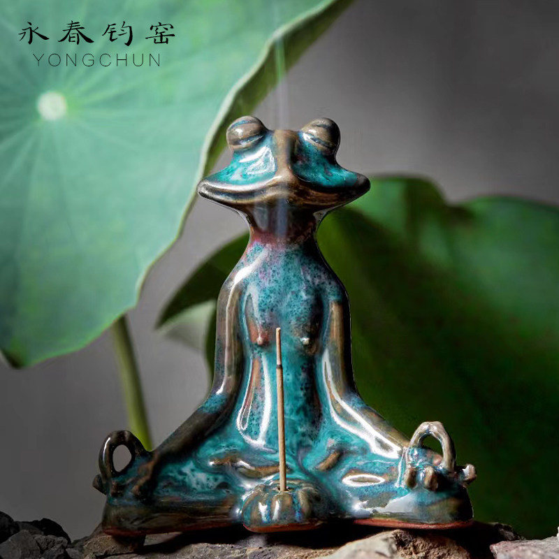 永春钧窑青蛙香插陶瓷创意小摆件钧瓷线香茶道香道点香器茶桌萌宠
