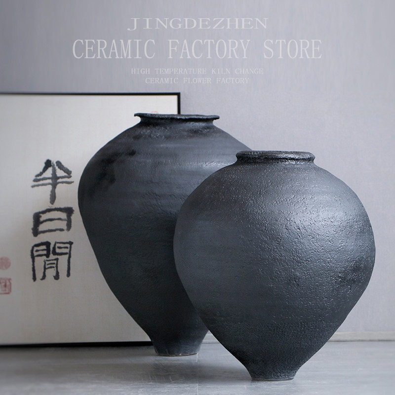 中式复古粗陶落地陶罐黑色大口径陶瓷花瓶插花客厅酒店样板间摆件图片