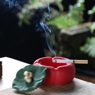 创意柿子带盖烟灰缸好事成双客厅陶瓷家用茶几摆件中式礼品防飞灰