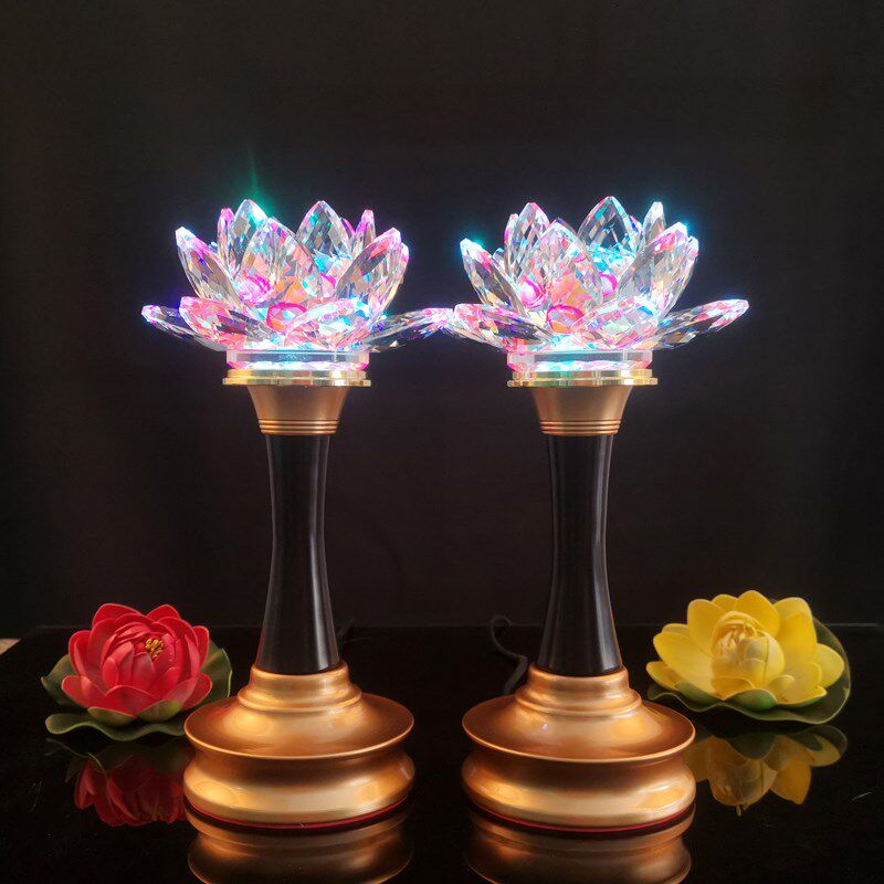 LED水晶莲花灯佛供灯佛灯琉璃灯家用玻璃工艺品充电插电一对