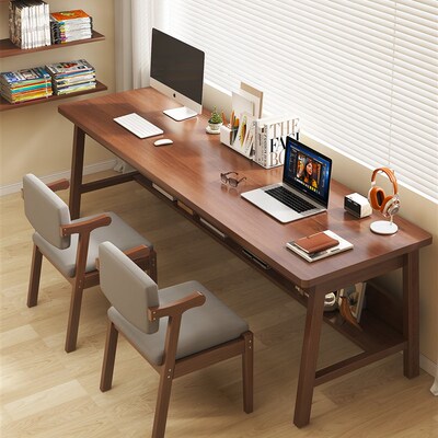 实木腿双人书桌电竞桌学生家用学习写字桌子工作台卧室办公电脑桌