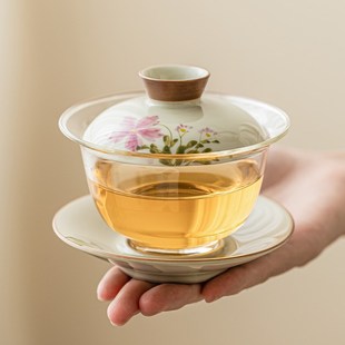 防烫手小雏菊玻璃三才盖碗女士茶杯大号陶瓷功夫茶具茶碗带盖手绘