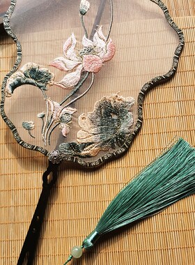 荷花刺绣团扇单面古风舞蹈扇子汉服宫扇异形汉服走秀圆扇演出拍照