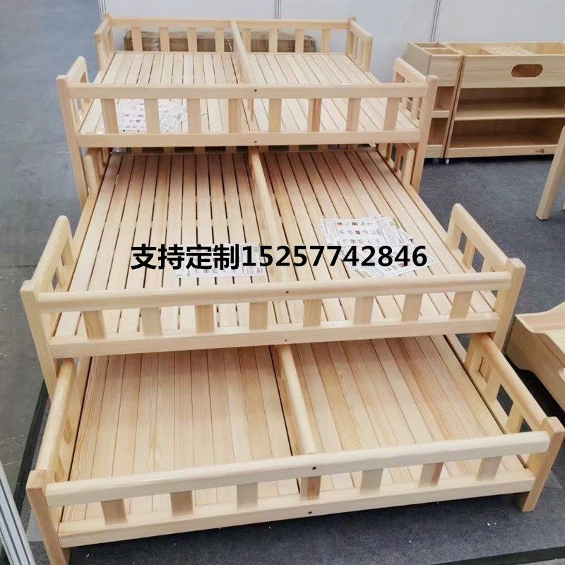 幼儿园多层实木推拉床儿童四层午睡抽屉床橡木宝宝护栏三层上下床