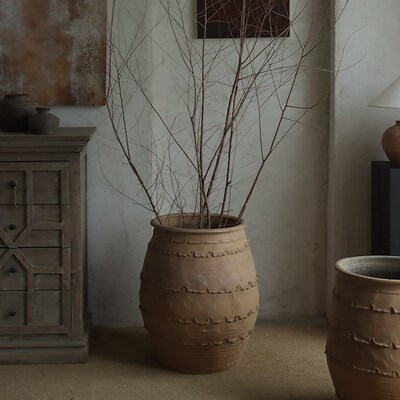 侘寂风土色复古陶罐粗陶花瓶手工艺术花器落地大花盆民宿装饰摆件
