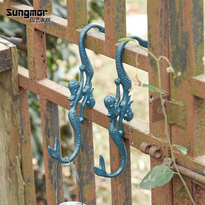 Sungmor 铸铁美人鱼S型挂钩2个复古怀旧壁挂玄关创意花园庭院墙饰