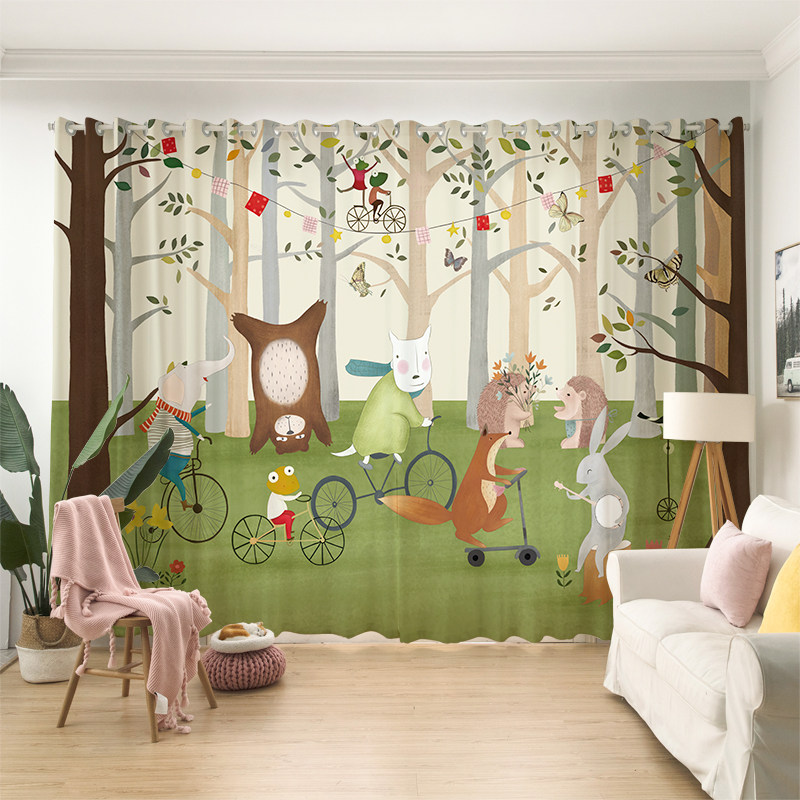 定制儿童房窗帘布纱可爱卡通森林动物男孩女孩卧室客厅幼儿园画室