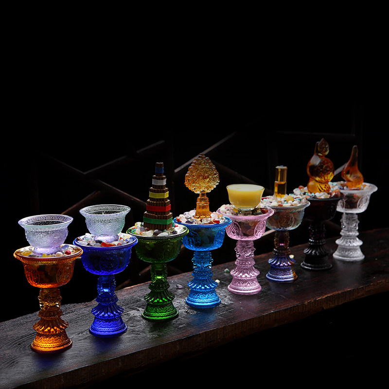 家用佛堂密宗七宝琉璃高脚八吉祥酥油灯座供水碗烛台油灯佛前八供