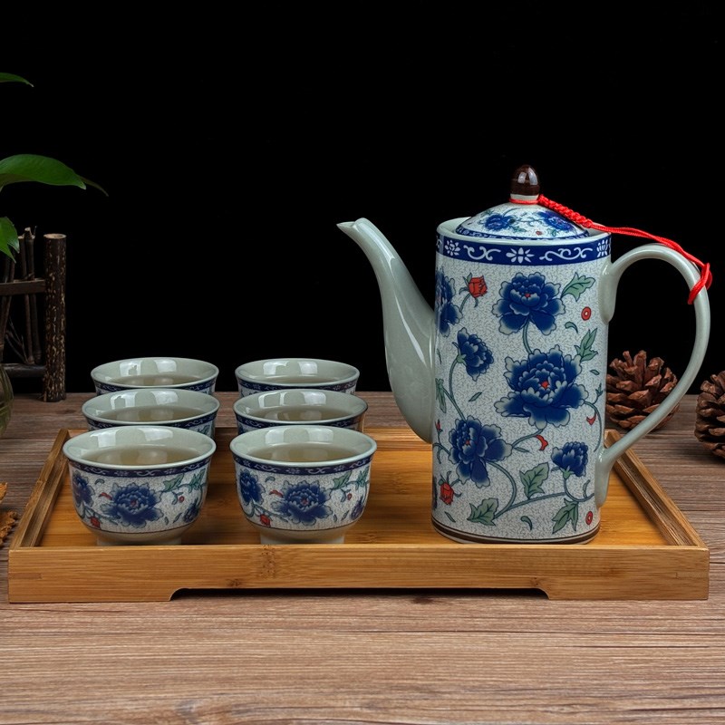 陶瓷复古大号茶壶欧式大容量青花瓷釉中彩泡茶壶饭店茶具组合套装