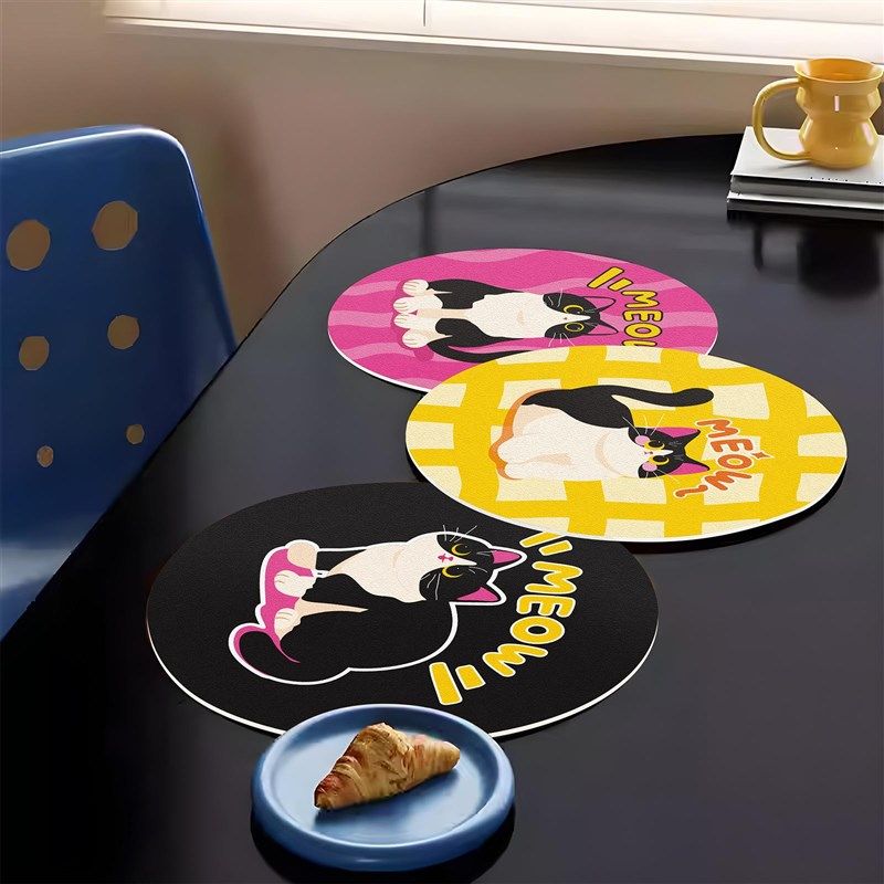 灰熊 X 叫我法师 可爱啊猫皮革吸水杯垫锅垫防滑圆形吧台隔热垫,居家布艺,餐垫,淘宝优惠券,粉丝福利购,淘宝优惠卷