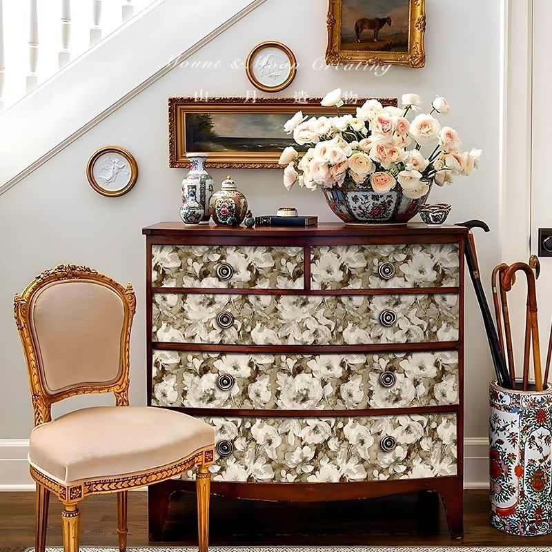 山月造物油画复古柜子贴纸旧家具翻新贴墙贴纸法式墙壁自粘屏风pv,家居饰品,软装墙贴,淘宝优惠券,粉丝福利购,淘宝优惠卷