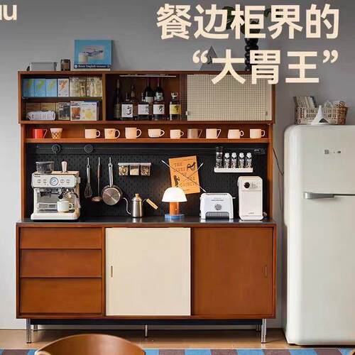 中古风实木餐边靠墙一体储物柜茶水收纳家用客厅柜子新款透明阳台