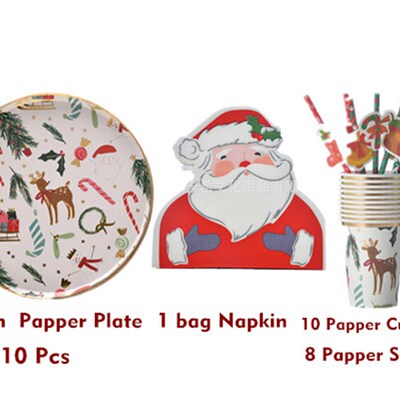 Christmas Paper Plates Cups Napkins Serves Straws Holiday