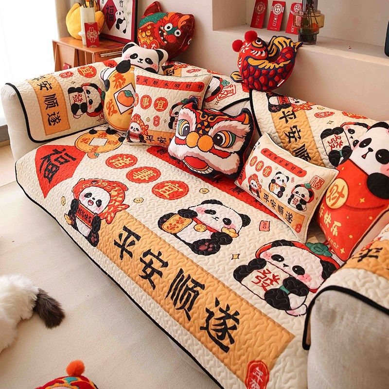 积屋新年国潮沙发垫新款四季通用过年喜庆熊猫红色沙发盖布巾罩,居家布艺,沙发垫,淘宝优惠券,粉丝福利购,淘宝优惠卷