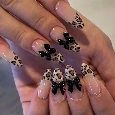 24pcs French Almond Press on Nails Leopard Print False Nails