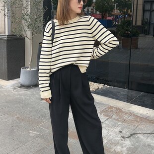 o-neck Black white stripe Loose Long sleeve sweaters 2022 wo