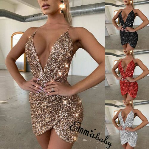 Womens Spaghetti Strap Deep V Neck Sequins Glitter Short Dr