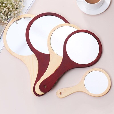 Round Wood Vintage Hand Mirror Makeup Vanity Mirror Portable
