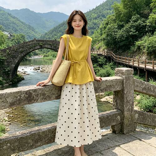 大码波点裙夏两件套装